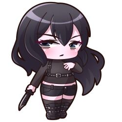 Rule 34 | 1girl, absurdres, black footwear, black hair, black shirt, black shorts, black thighhighs, boots, chibi, closed mouth, commentary request, full body, grey eyes, hair between eyes, highres, holding, holding knife, knife, long hair, long sleeves, looking at viewer, original, saishosaisekojo, shirt, shorts, simple background, solo, standing, thighhighs, thighhighs under boots, very long hair, white background