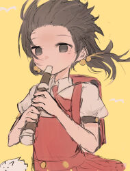 Rule 34 | 1girl, absurdres, backpack, bag, black eyes, black hair, collared shirt, commentary request, dress, flute, forehead, hair bobbles, hair ornament, highres, holding, holding flute, holding instrument, instrument, kaai yuki, kyoufuu all back (vocaloid), long hair, low twintails, pinafore dress, pleated dress, poono, puffy short sleeves, puffy sleeves, randoseru, recorder, red dress, shirt, short sleeves, sketch, sleeveless, sleeveless dress, solo, twintails, vocaloid, white shirt, yellow background