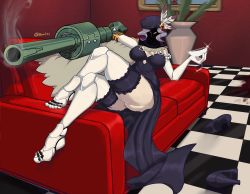 Rule 34 | 1girl, absurdres, amputee, arm cannon, ass, black dahlia, blood, blood splatter, breasts, checkered floor, commission, couch, cup, cyborg, dress, drink, drinking glass, elbow gloves, feather hair ornament, feet, gloves, grenade launcher, gun, hair ornament, hat, high heels, highres, large breasts, lying, pale skin, pillbox hat, plant, potted plant, prosthesis, prosthetic arm, prosthetic leg, purple hair, shoes, unworn shoes, sitting, skullgirls, smoke, solo, veil, weapon, white eyes