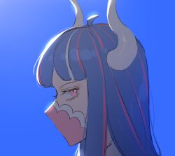 Rule 34 | 1girl, ahoge, blue hair, blue sky, covered mouth, curled horns, day, dinosaur girl, horns, long hair, mask, mouth mask, multicolored hair, one piece, outdoors, pink eyes, pink hair, pink mask, profile, raine (acke2445), sky, solo, streaked hair, ulti (one piece)