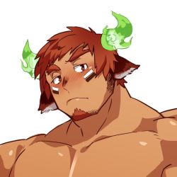 Rule 34 | 1boy, animal ears, bara, blush, brown hair, darlton, facial hair, fiery horns, forked eyebrows, glowing horns, goatee, horns, large pectorals, male focus, manly, muscular, pectorals, portrait, short hair, sideburns, solo, thick eyebrows, tokyo houkago summoners, topless male, upper body, wakan tanka, white background