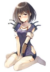 Rule 34 | 10s, 1girl, black hair, blush, breasts, brown eyes, elbow gloves, gloves, haguro (kancolle), hair ornament, kantai collection, komi zumiko, large breasts, panties, pantyhose, personification, short hair, simple background, sitting, skirt, solo, tears, thighhighs, torn clothes, underwear, wariza, white background, white gloves