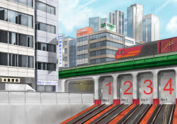 Rule 34 | absurdres, building, city, cityscape, cloud, commentary request, day, english text, hankachi (okayama012), highres, kanji, katakana, motor vehicle, no humans, numbered, original, scenery, sign, sky, skyscraper, train, truck, window