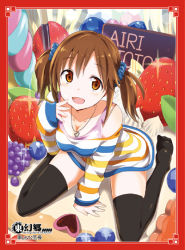 Rule 34 | 10s, 1girl, :d, bare shoulders, black thighhighs, blush, border, bra, breasts, brown eyes, brown hair, cake, cleavage, food, fruit, gotyou, grapes, idolmaster, idolmaster cinderella girls, jewelry, large breasts, looking at viewer, necklace, open mouth, oversized object, red border, short hair, smile, solo, strawberry, striped, thighhighs, totoki airi, twintails, underwear