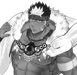 Rule 34 | 1boy, abs, bara, beard, brown hair, dark-skinned male, dark skin, earrings, facial hair, greyscale, headband, highres, jewelry, large pectorals, long sideburns, male focus, monochrome, multicolored hair, muscular, necklace, nipples, pectorals, pointy ears, sideburns, sky (sora no gomibako), snake, solo, spiked hair, tangaroa (housamo), tattoo, tokyo houkago summoners, tooth necklace, upper body, white background, white hair