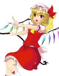 Rule 34 | 1girl, absurdres, arms up, blonde hair, bow, buttons, collar, crystal, eyes visible through hair, flandre scarlet, hair between eyes, hands up, hat, hat ribbon, highres, holding, leg up, looking away, mob cap, multicolored wings, nail polish, open mouth, pointing, polearm, ponytail, puffy short sleeves, puffy sleeves, red bow, red eyes, red nails, red ribbon, red skirt, red vest, ribbon, shirt, shokabatsuki, short hair, short sleeves, simple background, skirt, smile, socks, solo, spear, standing, standing on one leg, touhou, vest, weapon, white background, white bow, white collar, white hat, white shirt, white sleeves, white socks, wings, yellow neckwear