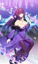 Rule 34 | 1girl, 7t, absurdres, bare shoulders, black footwear, breasts, cleavage, closed mouth, collarbone, commentary request, detached collar, dress, fate/grand order, fate (series), floating, full body, fur-trimmed dress, fur trim, gem, high heels, highres, holding, large breasts, long hair, long sleeves, mountain, off-shoulder dress, off shoulder, pantyhose, purple dress, purple hair, purple pantyhose, red eyes, red gemstone, reflection, scathach (fate), scathach skadi (fate), smile, solo, sparkle, straight hair, tiara, very long hair, wide sleeves