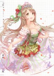 Rule 34 | 10s, 1girl, 77gl, :d, absurdres, bare shoulders, blush, bracelet, breasts, brown hair, character name, cleavage, collarbone, female focus, frilled thighhighs, frills, happy birthday, highres, jewelry, large breasts, long hair, love live!, love live! school idol festival, love live! school idol project, minami kotori, off shoulder, one side up, open mouth, puffy short sleeves, puffy sleeves, ribbon-trimmed clothes, ribbon trim, short sleeves, side ponytail, smile, solo, thighhighs, tiara, very long hair, white thighhighs, yellow eyes
