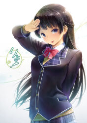 Rule 34 | 1girl, :d, arm behind back, black hair, black jacket, blazer, blue eyes, blue skirt, bow, bowtie, commentary request, floating hair, highres, jacket, kath, long hair, looking at viewer, nijisanji, open mouth, pleated skirt, red bow, red bowtie, salute, simple background, skirt, smile, solo, speech bubble, standing, sweater, translation request, tsukino mito, tsukino mito (1st costume), very long hair, virtual youtuber, white background, yellow sweater