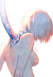 Rule 34 | 1girl, absurdres, aki663, back, breasts, faceless, faceless female, facing away, from behind, highres, machine, nier (series), nier:automata, nude, short hair, silver hair, simple background, solo, tube, upper body, white background, 2b (nier:automata)