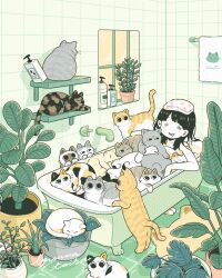 Rule 34 | 1girl, = =, animal, animal name, animal print, arm rest, bathing, bathroom, bathtub, black cat, black hair, brown cat, calico, cat, cat print, claw foot bathtub, closed eyes, collarbone, commentary request, cropped, drooling, english text, faucet, grey cat, highres, holding, holding animal, holding cat, iguana taisa, indoors, long hair, looking at another, mouth drool, original, parted lips, plant, potted plant, print towel, screentones, signature, sleeping, sleeping animal, smile, soap bottle, solo, tile wall, tiles, too many, too many cats, towel, towel on head, towel writing, white cat, window