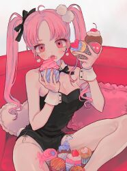 Rule 34 | 1girl, 382, ahoge, bare arms, bare shoulders, black bow, black bowtie, black leotard, blush, bow, bowtie, breasts, cherry, cleavage, commentary request, couch, cupcake, detached collar, drop earrings, earrings, food, food on face, frilled pillow, frills, fruit, hair bow, hair ornament, hair ribbon, holding, holding food, jewelry, large breasts, leotard, long hair, looking at viewer, medium breasts, muffin, open mouth, original, pantyhose, parted bangs, pillow, pink eyes, pink hair, pink nails, playboy bunny, pom pom (clothes), pom pom hair ornament, ribbon, sitting, solo, strapless, strapless leotard, strawberry, strawberry slice, tail, twintails, whipped cream, white pantyhose, white wrist cuffs, wrist cuffs