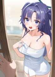 Rule 34 | 1boy, 1girl, :o, absurdres, bath, blue archive, blush, breasts, cleavage, collarbone, domodomo0708, highres, long hair, looking at viewer, medium breasts, naked towel, ofuro, pov, pov hands, purple eyes, purple hair, sliding doors, steam, towel, two side up, very long hair, white towel, yuuka (blue archive)