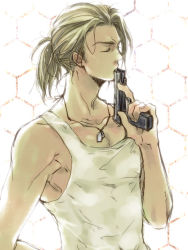 Rule 34 | 11mochi15, 1boy, bad id, bad pixiv id, blonde hair, brown hair, end of eternity, closed eyes, gun, jewelry, kiss, male focus, mochiko (papillio), muscular, necklace, object kiss, ponytail, solo, tank top, vashyron, weapon
