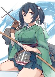 Rule 34 | 1girl, blue eyes, blue hair, blue skirt, breasts, flight deck, green kimono, highres, holding, holding weapon, japanese clothes, kantai collection, kimono, large breasts, looking at viewer, medium breasts, minosu, skirt, smile, solo, souryuu (kancolle), weapon, wide sleeves