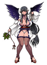Rule 34 | 1girl, beads, black hair, black wings, blush, breasts, breasts apart, curvy, detached sleeves, feathered wings, fishnet thighhighs, fishnets, full body, gigantic breasts, high heels, jewelry, unworn jewelry, leaf fan, long hair, low-tied long hair, masa ani, necklace, unworn necklace, open mouth, original, pointy ears, prayer beads, red eyes, sidelocks, simple background, solo, tengu, thighhighs, very long hair, white background, wide sleeves, wings