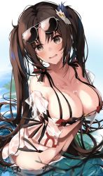 Rule 34 | 1girl, bare shoulders, bikini, blush, breasts, brown eyes, brown hair, cleavage, collarbone, earrings, eyewear on head, fate/grand order, fate (series), hair ornament, highres, hirai yuzuki, jewelry, large breasts, long hair, looking at viewer, multiple earrings, open clothes, open mouth, robe, sunglasses, swimsuit, twintails, very long hair, wading, water, wet, white bikini, yu mei-ren (fate), yu mei-ren (swimsuit lancer) (fate)
