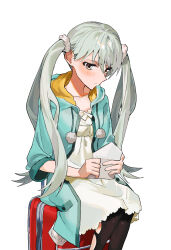 Rule 34 | 1girl, aqua coat, black pantyhose, blush, bow, breasts, closed mouth, coat, collarbone, commentary, dot mouth, dress, dress bow, envelope, expressionless, feet out of frame, grey hair, highres, holding, holding envelope, hood, hood down, long coat, long hair, looking at object, looking down, monogatari (series), multicolored coat, oikura sodachi, on suitcase, open clothes, open coat, owarimonogatari, pantyhose, pom pom (clothes), scrunchie, simple background, sitting, small breasts, solo, suitcase, torn clothes, torn pantyhose, tukinuke 10, twintails, two-sided fabric, two-tone coat, very long hair, white background, white bow, white dress, white scrunchie, yellow coat