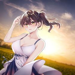 Rule 34 | 1girl, backlighting, bare shoulders, breasts, brown hair, cleavage, cloud, dress, field, hair between eyes, head tilt, highres, kaga (kancolle), kantai collection, large breasts, looking at viewer, mimamui, short sidetail, side ponytail, sky, sleeveless, sleeveless dress, solo, spaghetti strap, sundress, sunlight, sunset, white dress, yellow eyes