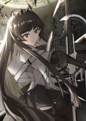 Rule 34 | 1girl, absurdres, ahoge, arknights, ascot, belt, belt buckle, black ascot, black eyes, black garter straps, black gloves, black hair, black halo, black skirt, black sleeves, black thighhighs, blunt bangs, blurry, blurry background, bright pupils, broken halo, buckle, cello, closed mouth, colored inner hair, commentary, cowboy shot, dark halo, day, depth of field, eyelashes, film grain, from side, garter straps, gloves, grey hair, halo, highres, hime cut, holding, holding instrument, holding violin, instrument, jacket, layered sleeves, light smile, lips, long hair, long sleeves, looking ahead, looking at object, miniskirt, mole, mole under eye, multicolored hair, music, outdoors, pale skin, playing, playing instrument, pleated skirt, shade, shadow, short over long sleeves, short sleeved jacket, short sleeves, sidelighting, sidelocks, skirt, solo, standing, straight hair, sunlight, symbol-only commentary, thighhighs, two-tone hair, very long hair, violin, virtuosa (arknights), white belt, white jacket, white pupils, wide sleeves, wind--chaser