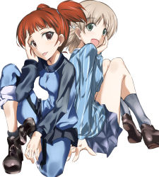 Rule 34 | 10s, 2girls, :p, aki (girls und panzer), ankle boots, back-to-back, bad id, bad pixiv id, blue footwear, blue pants, blue shirt, blue skirt, blunt bangs, boots, from behind, girls und panzer, green eyes, grey legwear, grey skirt, hair tie, hand on own face, light brown hair, loafers, long sleeves, looking at viewer, mikko (girls und panzer), military, military uniform, miniskirt, multiple girls, open mouth, pants, pants rolled up, pants under skirt, pleated skirt, red eyes, red hair, school uniform, shino (ten-m), shirt, shoes, short hair, short twintails, simple background, sitting, skirt, smile, socks, striped clothes, striped shirt, tongue, tongue out, track pants, twintails, uniform, vertical-striped clothes, vertical-striped shirt, white background