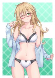 Rule 34 | 1girl, blonde hair, blue shirt, blush, bow, bow bra, bow panties, bra, breasts, cleavage, closed mouth, commentary, cowboy shot, dress shirt, frown, glasses, green background, green eyes, groin, highres, light smile, long hair, long sleeves, looking at viewer, medium breasts, messy hair, navel, no pants, off shoulder, one eye closed, open clothes, open shirt, original, panties, parted lips, red-framed eyewear, rei (09991), shirt, solo, standing, underwear, undressing, white bra, white girl (rei), white panties