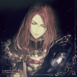 Rule 34 | 1boy, armor, bishounen, closed eyes, fate/grand order, fate (series), fur collar, gloves, koshika rina, long hair, male focus, muted color, red hair, solo, tristan (fate), twitter username