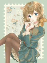 Rule 34 | 1girl, acorn, animal, animal on shoulder, aqua border, arms up, blue eyes, border, brown hair, brown pantyhose, commentary, dress, envelope, expressionless, feet out of frame, floral background, green dress, hair between eyes, head tilt, holding, holding envelope, kompeitou (lemon garden), leg lift, light blush, long sleeves, looking at viewer, original, pantyhose, petticoat, postage stamp, reclining, red ribbon, ribbon, short hair, sleeve cuffs, solo, squirrel, symbol-only commentary