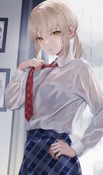 Rule 34 | 1girl, artoria pendragon (all), artoria pendragon (fate), blonde hair, blue skirt, collared shirt, curtains, fate/grand order, fate (series), hand on own hip, highres, indoors, long sleeves, looking at viewer, meltymaple, necktie, plaid, plaid necktie, plaid neckwear, plaid skirt, red necktie, saber alter, shirt, skirt, solo, wet, wet clothes, wet shirt, white shirt, window, yellow eyes