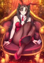 Rule 34 | 1girl, animal ears, blue eyes, blush, breasts, brown hair, covered navel, detached collar, fake animal ears, fate/stay night, fate (series), high heels, highleg, highleg leotard, leg up, leotard, long hair, looking at viewer, pantyhose, playboy bunny, rabbit ears, red leotard, shoe soles, smile, solo, strapless, strapless leotard, tohsaka rin, two side up, zucchini