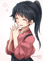 Rule 34 | 10s, 1girl, black hair, closed eyes, hakama, hakama skirt, highres, houshou (kancolle), japanese clothes, kantai collection, kawagami raito, kimono, long hair, open mouth, own hands clasped, own hands together, ponytail, skirt, solo, standing