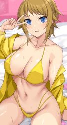 Rule 34 | 1girl, arm support, bare shoulders, bed sheet, bikini, blue eyes, breasts, brown hair, cleavage, collarbone, commentary request, cowboy shot, female pubic hair, groin, gundam, gundam build fighters, gundam build fighters try, highres, hoshino fumina, jacket, long sleeves, looking at viewer, medium breasts, navel, nirowata, off shoulder, parted lips, pubic hair, shadow, short hair, sidelocks, sitting, solo, stomach, sweat, swimsuit, v, yellow bikini, yellow jacket