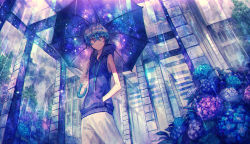 Rule 34 | 1boy, 369minmin, armpits, bare arms, building, city, colorful, cowboy shot, flower, from below, hand in pocket, holding, holding umbrella, hood, hood down, hoodie, hydrangea, light particles, looking to the side, male focus, original, plant, purple eyes, purple hair, purple theme, rain, short hair, sleeveless, sleeveless hoodie, solo, umbrella, vest