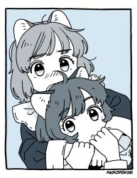 Rule 34 | 2girls, ahoge, akai sashimi, animal ears, artist name, border, cat ears, cat girl, closed mouth, greyscale, highres, holding another&#039;s wrist, hug, hug from behind, long sleeves, looking at viewer, medium hair, monochrome, multiple girls, original, simple background, upper body, white border