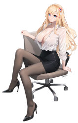 1girl alternate_costume arm_support artist_name black_footwear black_pantyhose black_skirt blonde_hair blue_eyes braid breasts bright_pupils chair chinese_commentary closed_mouth collared_shirt commentary_request crown_braid dress_shirt hair_ornament high-waist_skirt high_heels highres large_breasts legs light_blush long_hair looking_at_viewer no_bra office_chair on_chair pantyhose pencil_skirt pumps richelieu_(warship_girls_r) shirt shirt_tucked_in simple_background sitting sitting_sideways skirt sleeves_rolled_up solo swivel_chair unbuttoned unbuttoned_shirt very_long_hair warship_girls_r white_background white_pupils white_shirt xnnagu
