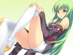 Rule 34 | 00s, aoi sora-maru, bare shoulders, blush, boots, c.c., code geass, detached sleeves, green hair, long hair, looking at viewer, sitting, solo, thigh boots, thighhighs, thighs, undressing, yellow eyes