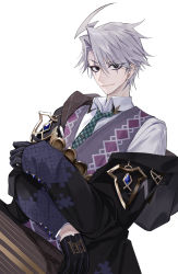Rule 34 | 1boy, ahoge, argyle, argyle clothes, argyle sweater vest, black coat, black eyes, black gloves, brown pants, coat, collared shirt, cowboy shot, crossed arms, facial mark, fate/grand order, fate (series), glint, gloves, green necktie, grey hair, grey sweater vest, hair between eyes, half gloves, highres, houndstooth, james moriarty (ruler) (fate), looking at viewer, male focus, necktie, no pupils, off shoulder, pants, pinstripe pants, pinstripe pattern, puzzle piece print, shirt, short hair, simple background, sleeves past wrists, smile, solo, striped clothes, striped gloves, sweater vest, tie clip, to0folder80, vertical-striped clothes, vertical-striped gloves, white background, white shirt