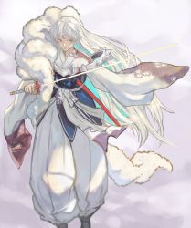 Rule 34 | 1boy, armor, closed mouth, crescent, facial mark, floral print, forehead mark, fur trim, highres, holding, holding sword, holding weapon, inuyasha, japanese clothes, long hair, pointy ears, sesshoumaru, sheath, solo, suru (seiya), sword, very long hair, weapon, white background, white hair, wide sleeves, yellow eyes