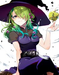 Rule 34 | 1girl, apple, belt, black belt, breasts, broom, broom riding, ceres fauna, cleavage, commentary request, dress, flower, food, fruit, golden apple, green hair, green nails, hair flower, hair ornament, hat, highres, hololive, hololive english, iris (tb33064667), large breasts, long hair, looking at viewer, nail polish, purple dress, purple headwear, see-through, see-through cleavage, smile, virtual youtuber, witch hat, yellow eyes