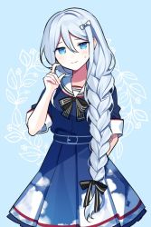 Rule 34 | 1girl, belt, black bow, black bowtie, blue background, blue belt, blue dress, blue eyes, blue hair, blush, bow, bowtie, braid, braided ponytail, closed mouth, dress, hair between eyes, hair bow, long hair, long sleeves, looking at viewer, project sekai, sailor collar, sky print, smile, solo, striped bow, striped bowtie, striped clothes, sweat, very long hair, waka (wk4444), white bow, white sailor collar, yoisaki kanade