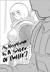 Rule 34 | 1boy, 1girl, adepta sororitas, armor, astra militarum, bob cut, breastplate, closed mouth, english text, from side, girl staring at guy&#039;s chest (meme), greyscale, looking at viewer, lutherniel, medium hair, meme, monochrome, parody, warhammer 40k