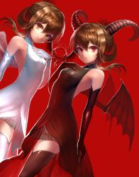 Rule 34 | 10s, 2girls, angel and devil, angel wings, arm at side, black dress, black gloves, black legwear, black wings, breasts, brown eyes, brown hair, closed mouth, cowboy shot, demon girl, demon horns, demon wings, dress, dual persona, dutch angle, eyebrows, feathered wings, floating hair, folded ponytail, gloves, hair between eyes, halterneck, horns, inazuma (kancolle), kantai collection, long hair, looking at viewer, multiple girls, red background, red eyes, red wings, see-through, sidelocks, sleeveless, sleeveless dress, small breasts, smile, striped, symmetrical pose, thighhighs, to nasu, white dress, white gloves, white legwear, white wings, wings