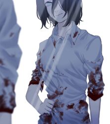 Rule 34 | 1girl, black hair, blood, blood on clothes, chainsaw man, collared shirt, green eyes, hair over one eye, highres, looking at another, looking at mirror, mirror, reze (chainsaw man), shirt, short hair, sleeves rolled up, solo, white shirt, yuuwaku06
