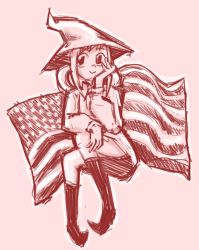 Rule 34 | smile, absurdres, american flag, asuka momoko, boots, flag, flag background, hat, highres, monochrome, ojamajo doremi, shrums, sitting, witch hat
