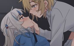 Rule 34 | 2girls, animal hood, blonde hair, blue eyes, blue hair, blue hoodie, blush, closed mouth, collared shirt, dress shirt, gawr gura, hair between eyes, hair ornament, hand on another&#039;s face, highres, hololive, hololive english, hood, hoodie, imminent kiss, long hair, long sleeves, looking at another, mittsu, multicolored hair, multiple girls, open mouth, shark hair ornament, shark hood, shirt, short hair, streaked hair, two-tone hair, virtual youtuber, watson amelia, white hair, white shirt, yuri