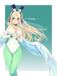Rule 34 | 1girl, animal ears, aquaplus, bare shoulders, blonde hair, blue eyes, blush, breasts, choker, cleavage, curvy, eyelashes, fake animal ears, feathered wings, feet out of frame, female focus, green pantyhose , headband, large breasts, large wings, leggings, leotard, long hair, looking at viewer, navel, own hands together, pantyhose, playboy bunny, rabbit ears, sidelocks, solo, standing, strapless, strapless leotard, ulthury, utawarerumono, very long hair, white leotard, white wings, wings, wrist cuffs