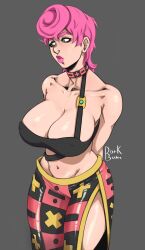 Rule 34 | 1girl, bare shoulders, breasts, cleavage, dorkbum, green eyes, highres, jojo no kimyou na bouken, large breasts, lipstick, makeup, midriff, navel, pink hair, pink lips, shy, skirt, solo, strapless, thick thighs, thighs, trish una, tube top, vento aureo
