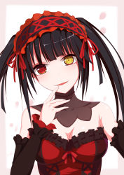 Rule 34 | 1girl, :d, absurdres, asymmetrical hair, bare shoulders, black hair, blush, breasts, cleavage, clock eyes, date a live, detached collar, detached sleeves, finger to mouth, gothic lolita, hairband, heterochromia, highres, lolita fashion, lolita hairband, looking at viewer, medium breasts, open mouth, red eyes, smile, solo, symbol-shaped pupils, tokisaki kurumi, twintails, upper body, user znjd5487, yellow eyes