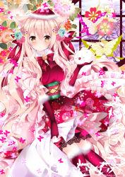 Rule 34 | 1girl, animal ears, bad id, bad pixiv id, bell, blonde hair, blush, bug, butterfly, cat ears, collar, detached sleeves, elbow gloves, flower, gloves, hair flower, hair ornament, hat, insect, japanese clothes, kimono, long hair, looking at viewer, nanase kureha, nanase nao, neck bell, obi, original, red gloves, red thighhighs, santa hat, sash, short sleeves, solo, thighhighs, very long hair, wide sleeves, yellow eyes, zettai ryouiki