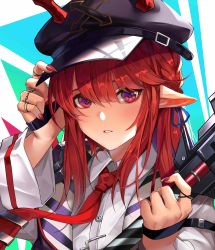 Rule 34 | 1girl, absurdres, arknights, black hat, cabbie hat, commentary request, hair between eyes, hand up, hat, highres, horns, horns through headwear, lan yu, long hair, looking at viewer, nail polish, necktie, parted lips, pointy ears, red eyes, red hair, red nails, red necktie, shirt, solo, upper body, vigna (arknights), white shirt